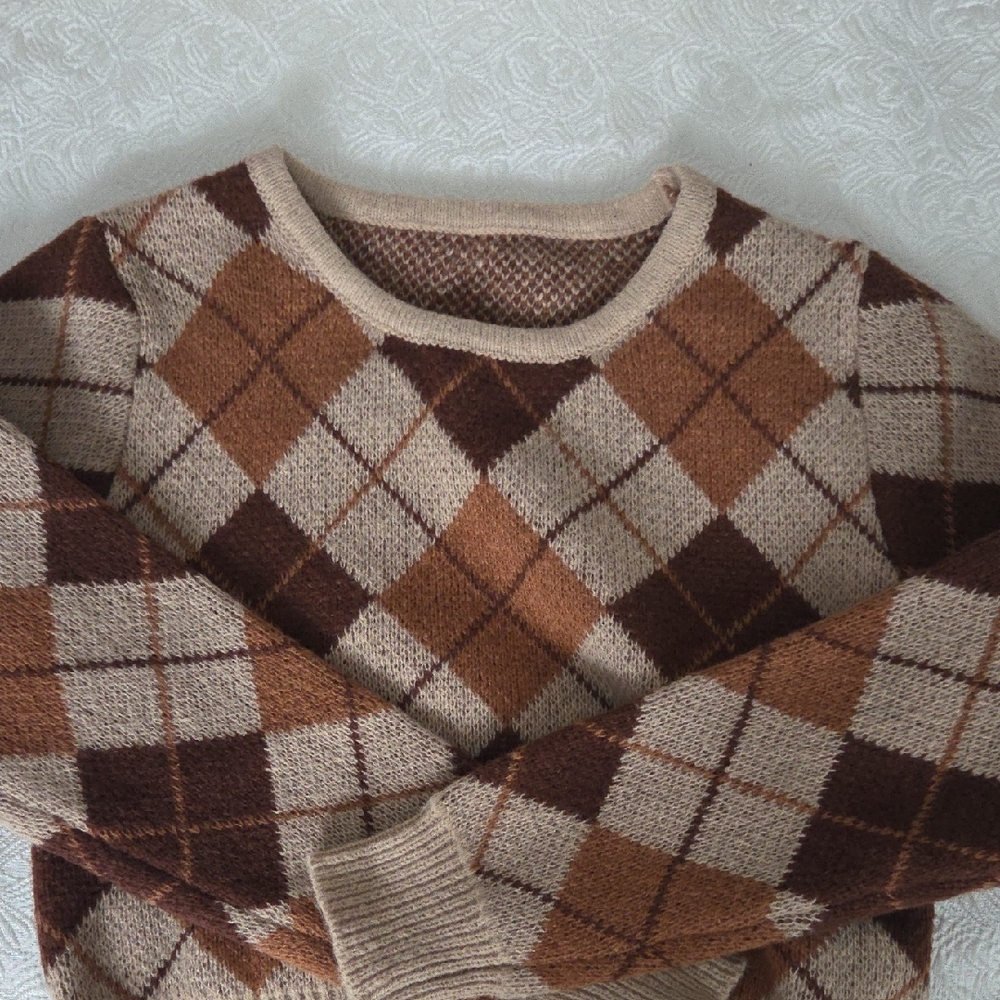 SHEIN Argyle Knit Sweater in Brown and Tan